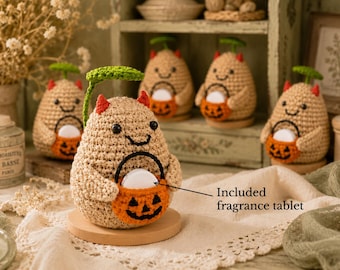 Crochet Halloween Potato with Pumpkin Bucket Fragrance Holder, Cute Devil Amigurumi Desk Decor, Potato Lover Gift