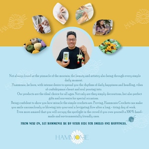May include: A person holding a crocheted strawberry and flower garland. The garland is made with red, green, and white yarn. The person is wearing a blue shirt and has a friendly smile. The text "Hammonie" is displayed in a white daisy with a green stem. The text "From now on, let Hammonie be by your side for smiles and happiness." is also displayed.