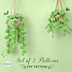 May include: Two crocheted hanging plant patterns, one with a pink pot and one with a brown pot. The patterns are called "Set of 2 Patterns PDF Pattern".