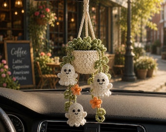 Halloween Crochet Ghost Car Hanging Plant, Cute Car Charm, Handmade Spooky Basket Decor, Halloween Car Accessory Gift