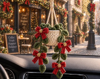 Crochet Christmas Car Charm, Crochet Red Bow Plant Car Decor, Rearview Mirror Hanger, Handmade Christmas Gift for Plant Lover
