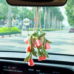 May include: A crocheted hanging flower pot with pink flowers and green leaves. The pot is hanging from the rearview mirror of a car.