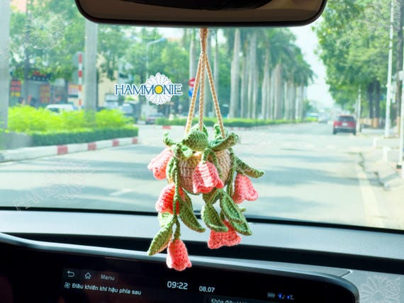 Crochet Tulip Plant Car Hanging, Cute Car Decor, Plant Lover Gift