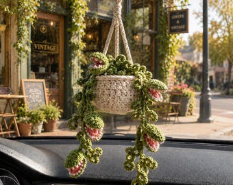Halloween Crochet Venus Flytrap Car Hanging, Carnivorous Plant Car Charm, Spooky Cute Car Decor, Handmade Car Accessory, Plant Lover Gift