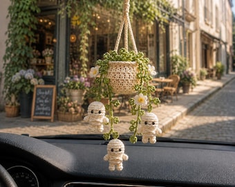 Halloween Mummy Daisy Plant Crochet Car Hanging, Halloween Car Charm, Spooky Cute Plant Car Ornament, Handmade Car Accessory