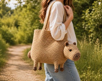 Crochet Capybara Tote Bag, Handmade 3D Amigurumi  Shoulder Bag, Crochet Mom Daughter Tote Bags, Unique Kawaii Women Gift, Large Tote Bag