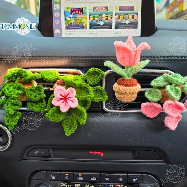 Crochet Plant Car Vent Clip, Mini Handmade Plant Pot Car Ornament, Car Accessories for Plant Lover, Car Air Freshener Decor