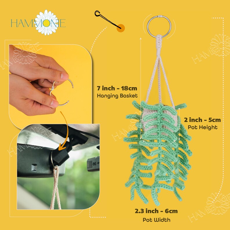 May include: A green crocheted hanging plant with a white crocheted pot. The plant is 2 inches tall and 2.3 inches wide. The hanging basket is 7 inches long.