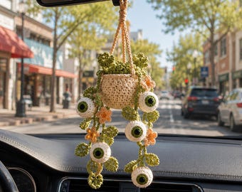 Crochet Halloween Eyeball Plant Car Hanging, Spooky Cute Rearview Mirror Charm, Halloween Car Decor, Handmade Halloween Car Accessory Gift