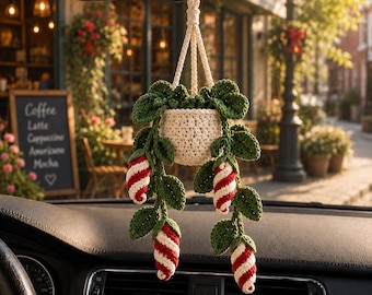Crochet Christmas Candy Cane Car Charm, Handmade Plant Pot Rearview Mirror Hanger, Cute Car Decor, Holiday Car Accessory