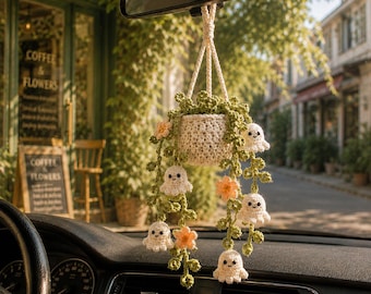 Crochet Halloween Ghost Plant Car Charm, Spooky Cute Car Mirror Hanging, Halloween Car Decor, Handmade Plant Car Accessory, Plant Lover Gift