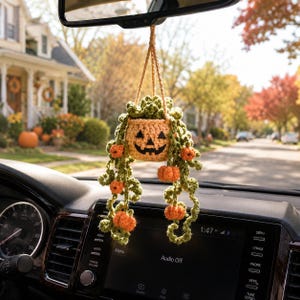 May include: A crocheted hanging plant ornament featuring a light orange jack-o'-lantern pot with a black stitched face. The plant has long, trailing green vines adorned with small, crocheted orange pumpkins, suspended by a braided cord.