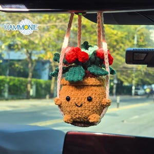 Crochet Christmas Holly Plant Hanging, Christmas Amigurumi Plant Car Decor, Christmas Car Accessories, Car Mirror Hanging, Plant Lover Gifts