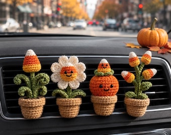 Halloween Crochet Car Vent Clip, Candy Corn Plant Car Decor, Cute Fall Car Accessories, Handmade Spooky Dashboard Charm Gift