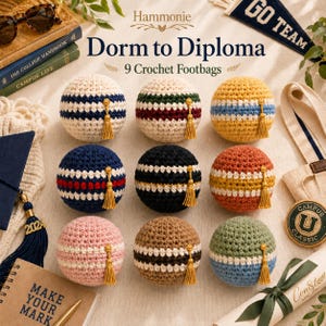 May include: Nine spherical crochet footbags arranged in a grid, each featuring horizontal stripes in various color combinations and a small gold-colored tassel attached to the side. The text "Hammonie Dorm to Diploma 9 Crochet Footbags" is visible.
