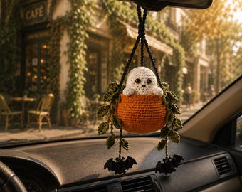 Boo in a Pumpkin Crochet Car Hanging, Ghost & Bat Halloween Plant Car Charm, Cute Car Accessory, Plant Lover Gift