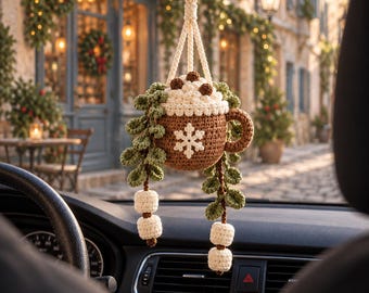 Christmas Crochet Cozy Car Charm, Hot Cocoa Mug Hanging Planter with Snowflake, Unique Christmas Plant Lover Gift, Christmas Ornament