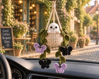 Crochet Halloween Boo Ghost Butterfly Plant Car Hanging, Quirky Plant Car Charm, Halloween Car Decor, Spooky Whimsical Cute Car Accessory