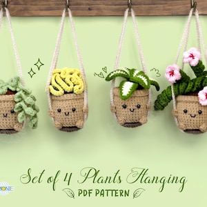 Set of 4 Succulent Plant Hanging Crochet Pattern, Crochet Pattern Flowers in Pot, PDF Crochet Pattern for Beginners Step by Step