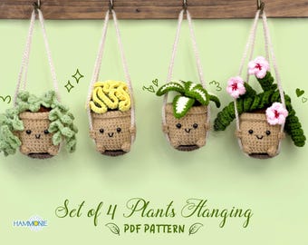 Crochet Succulent Plant Hanging Pattern: Set of 4 Flowers in Pot (PDF Pattern)