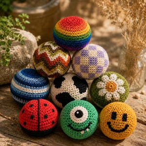 May include: A collection of colorful, crocheted balls in various designs. The balls include a rainbow, a ladybug, a smiley face, a cow pattern, and a daisy. The balls are stacked on a wooden surface, showcasing the handmade details.