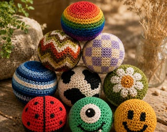 Crocheted Footbag, Knitted Stress Ball, Retro 90s Bean Bag Ball, Boho Outdoor Kick Toy, Colorful Juggling Ball, Handmade Fidget Toy