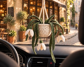 Crochet Snowdrop Car Charm, Crochet Plant Car Mirror Hanging, Cute Car Accessory, Plant Lover Gift, Handmade Car Decor