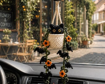 Décoration de voiture au crochet : chat noir, plante et guirlande de chauve-souris. Cadeau fait main pour les amoureux des plantes.