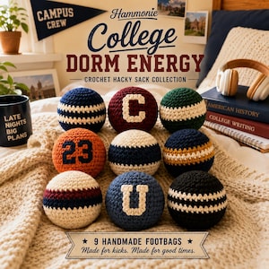 May include: Nine handmade crochet hacky sacks in various colors, including blue, orange, and green, with white stripes and letters. The text reads "College Dorm Energy" and "9 Handmade Footbags".