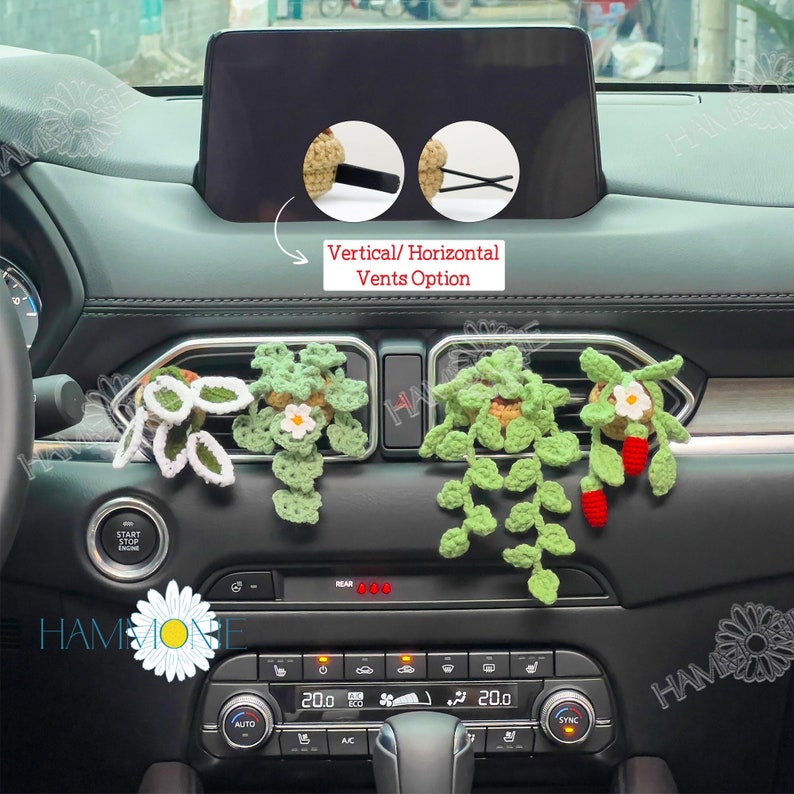 Crochet Plant Car Vent Clip, Crochet Daisy & Monstera Pot for Car Air Freshener Decor, Car Accessories for Women, Crochet Strawberry Plant image 1