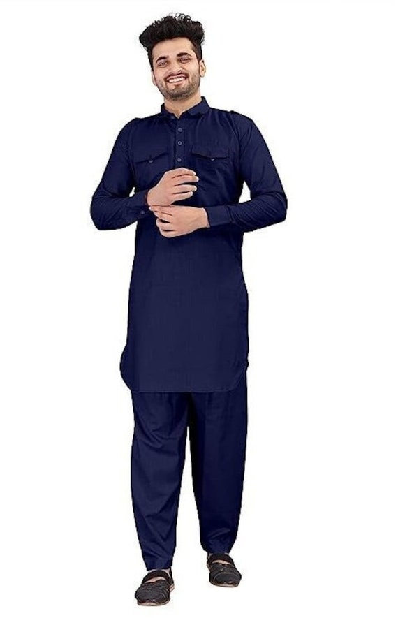 Men s Pathani Suit Cotton Kurta Salwar Set Stylish Navy Blue