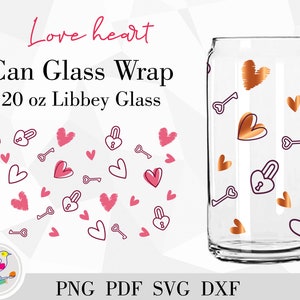 Valentine Heart SVG For Libbey 20oz Can Glass Wrap, Hearts Wrap Beer Can Glass Png Svg For Cricut, Love Lock and Key Libbey Glass Wrap Svg