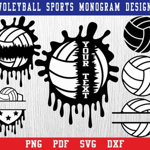 May include: Black and white volleyball monogram design with a dripping paint effect. The design includes a volleyball with the text "YOUR TEXT" inside. The design is perfect for creating custom apparel, home decor, and more.