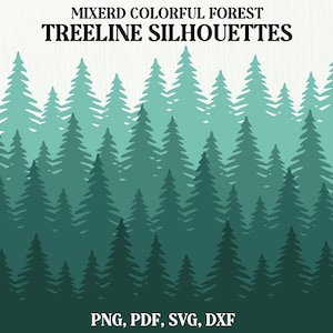 4 Treeline Silhouettes, Forest svg, Forest Bundle svg, Pine Tree, Tree Border svg per cricut, Forest Background, Transparent clipart png pdf