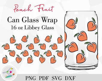 May include: A clear 16 oz Libbey can glass wrap featuring a repeating pattern of orange peaches with green leaves. The words "Peach Fruit" are written in a cursive font above the words "Can Glass Wrap". The bottom of the image shows the file types: PNG PDF SVG DXF.