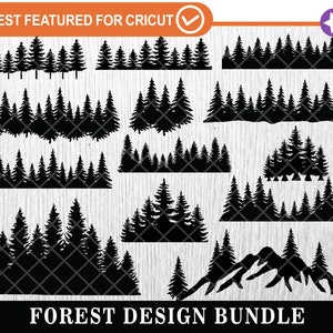 May include: A set of 10 black and white silhouette images of forest trees, perfect for crafting projects. The images are in various sizes and shapes, with some featuring mountains in the background. The text "FOREST DESIGN BUNDLE" is at the bottom of the image.