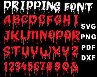 Könnte beinhalten: Tropfender Schriftalphabet in Rot mit weißem Umriss. Buchstaben A bis Z und Zahlen 1 bis 9 und 0 sowie kaufmännisches Und.  SVG-, PNG-, PDF- und DXF-Dateiformate sind aufgelistet.