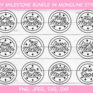 May include: A set of twelve black and white circle-shaped baby milestone stickers with a monoline style design. Each sticker features a number from one to twelve and the word "Months" or "Year".