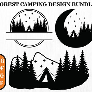 Puede incluir: Paquete de diseños en silueta en blanco y negro de una escena de campamento en el bosque con una tienda de campaña, árboles y estrellas. Los diseños están en formato de círculo, media luna y paisaje. El texto "PNG, PDF, SVG, DXF" está en la esquina inferior izquierda de la imagen.