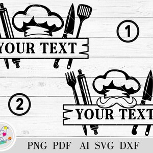 Könnte beinhalten: Zwei schwarz-weiße SVG-Schnittdateien mit einem Kochhut, einem Schnurrbart und Küchenutensilien. Der Text "YOUR TEXT" ist in beiden Designs enthalten.
