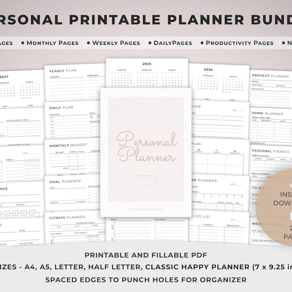 Planificador imprimible, paquete de planificador personal, planificador diario, semanal, mensual, de objetivos, de salud, de productividad, de finanzas, POMODORO y calendario anual.