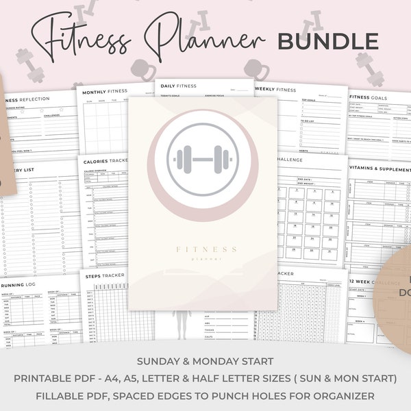 Printable Health and Fitness Planner Bundle, Fitness Journal, Diet, Workout Trackers, Meal planner, A4, A5, Letter & Half Sizes