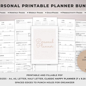 Afdrukbare planner, persoonlijke plannerbundel, dagelijkse wekelijkse maandelijkse planner, doel, gezondheid, productiviteit, financiën, POMODORO en jaarkalender.