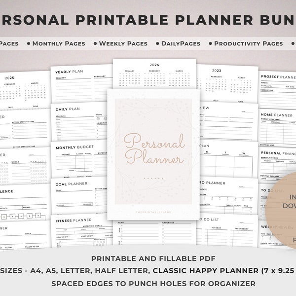 Printable planner, Personal planner bundle, daily weekly monthly planner, Goal, Health, Productivity, Finance, POMODORO and year calendar.