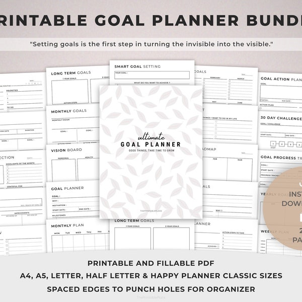 Printable Goal planner bundle, Daily, Weekly, Monthly, Quarterly, Yearly Goals, SMART Goal, New Year Resolution, Reflections, Vision board