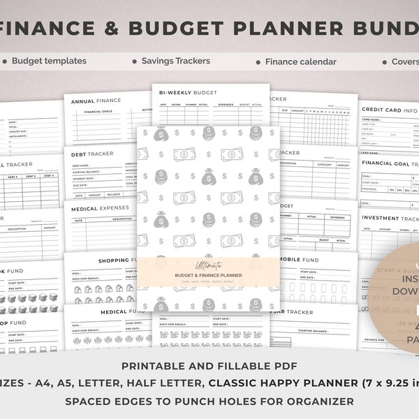 Printable Planner, Finance and Budget planner bundle Printable, Savings trackers, Calendars, Income, Expenses, Bill, Debt, Spending Trackers