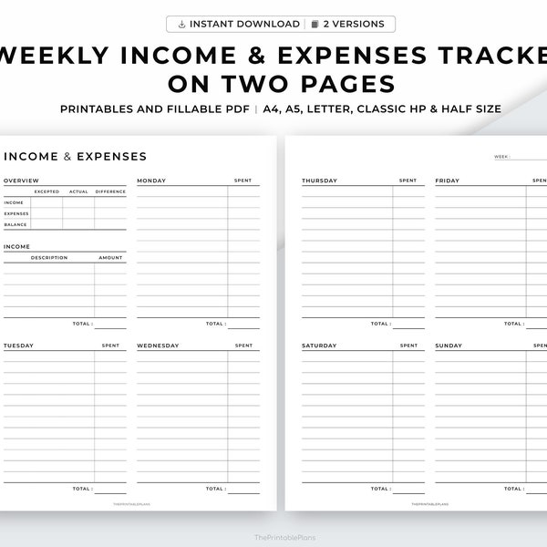 Wöchentlicher Einnahmen- und Ausgabe-Tracker auf zwei Seiten, Einnahmen-Tracker, Ausgaben-Tracker, Ausgaben-Tracker, Haushaltsplaner, druckbares PDF.