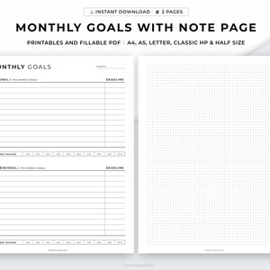 May include: Printable monthly goal planner with a dotted note page. The planner has sections for personal and professional goals with space to list goals and deadlines. There is also a progress tracker for each section.