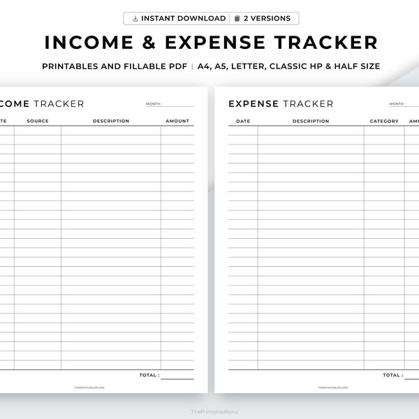 Income Tracker Printable, Expense Tracker Printable, Money Tracker Template, Monthly Finances, Spending Tracker, A4/A5/Letter/Classic/Half