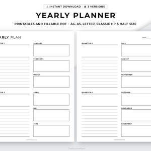 Yearly Planner Printable, Quarterly Goals, Annual Overview, Tasks & Reminders, Productivity Planner, A4/A5/Letter/Classic/Half, Fillable Pdf